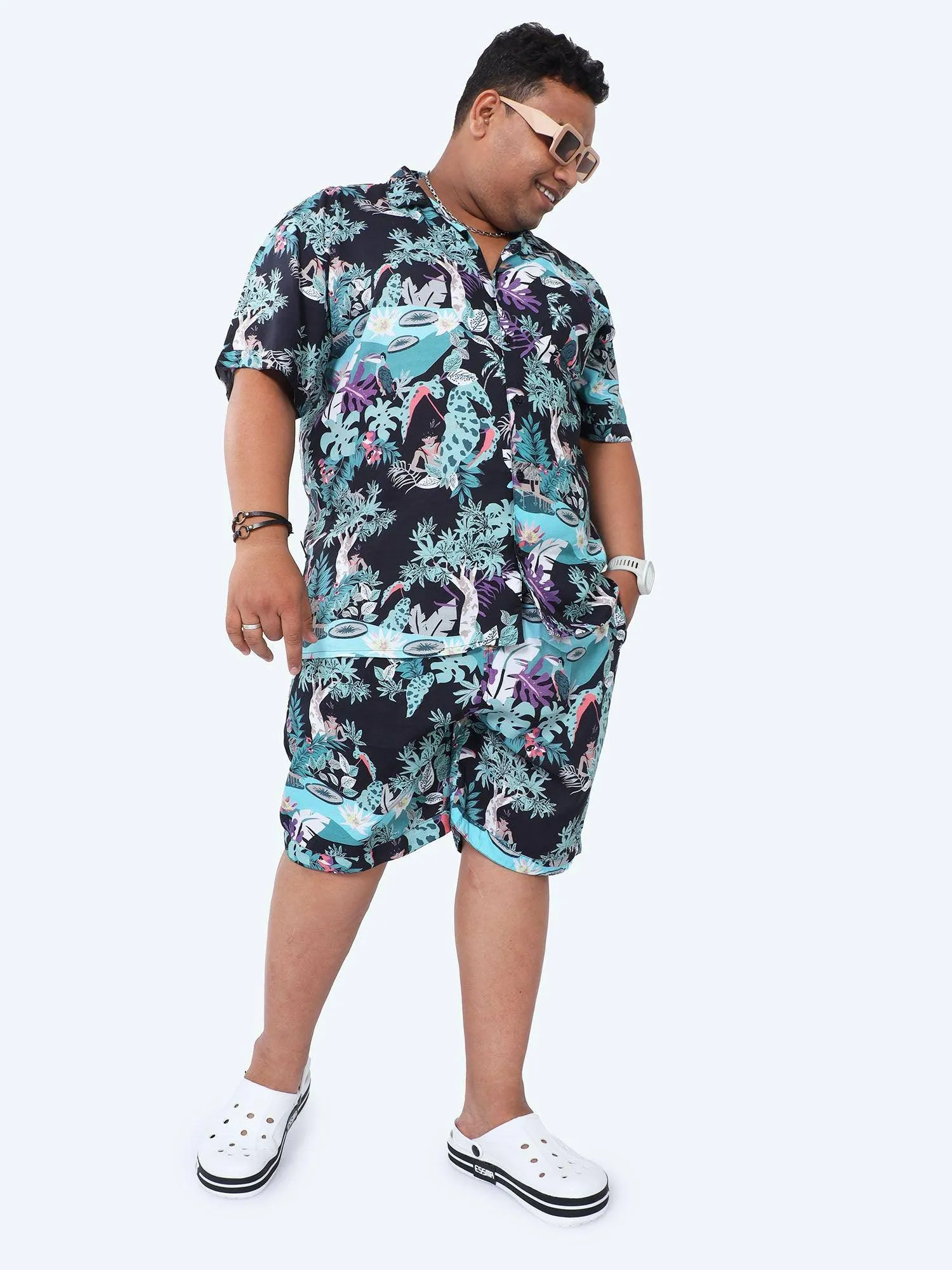 Plus Size Men Jungle Paradise Printed Half Sleeve Co-Ords