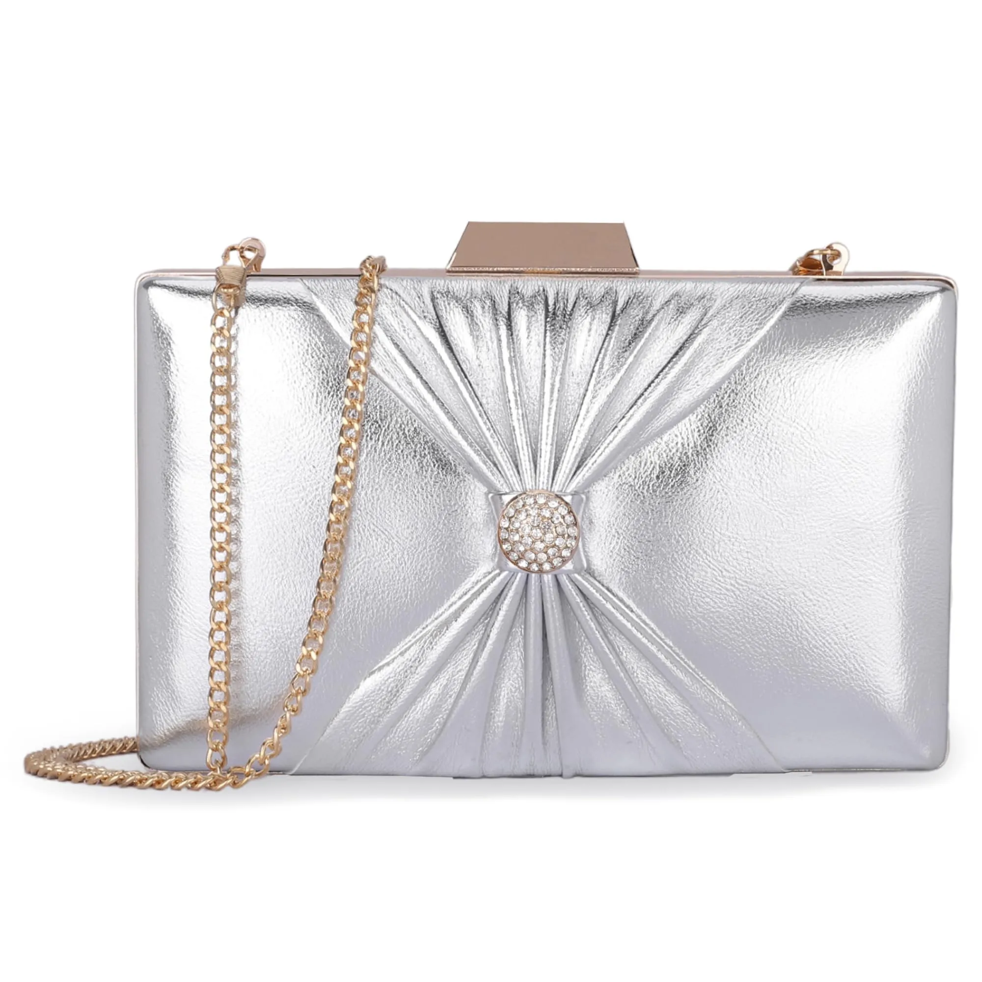 THE CLOWNFISH Ritzy Collection Faux Leather Womens Party Clutch Ladies Wallet with Chain Strap Evening Bag with Fashionable Button Closure (Silver)