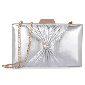 THE CLOWNFISH Ritzy Collection Faux Leather Womens Party Clutch Ladies Wallet with Chain Strap Evening Bag with Fashionable Button Closure (Silver)