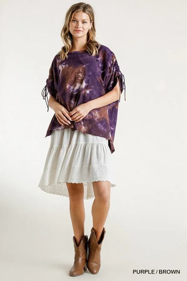 Tie Dye Cinched Sleeve Top, Purple / Brown