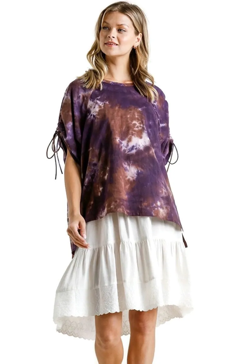 Tie Dye Cinched Sleeve Top, Purple / Brown