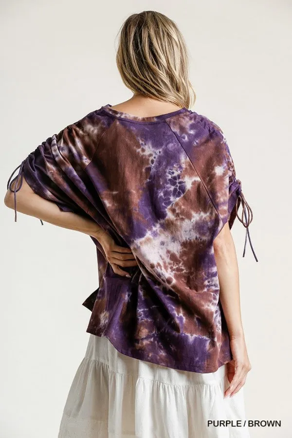 Tie Dye Cinched Sleeve Top, Purple / Brown