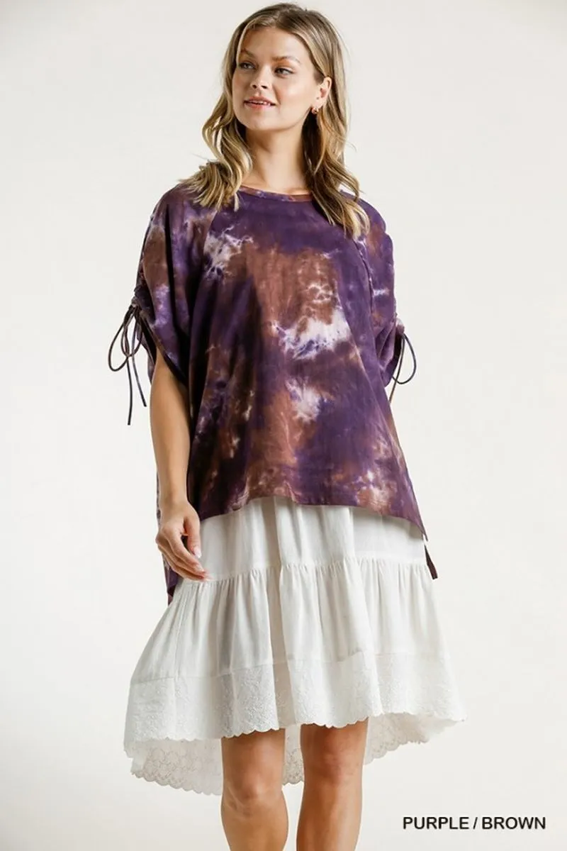 Tie Dye Cinched Sleeve Top, Purple / Brown