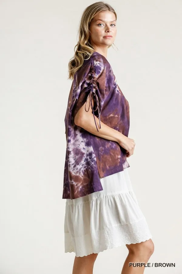 Tie Dye Cinched Sleeve Top, Purple / Brown