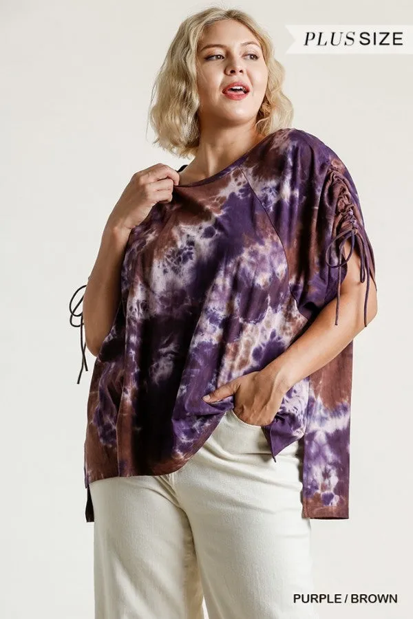 Tie Dye Cinched Sleeve Top, Purple / Brown