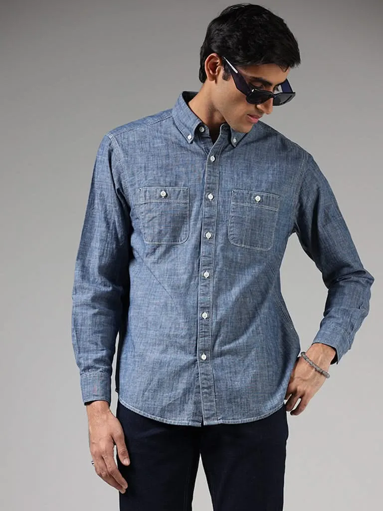 WES Casuals Blue Cotton Relaxed-Fit Shirt