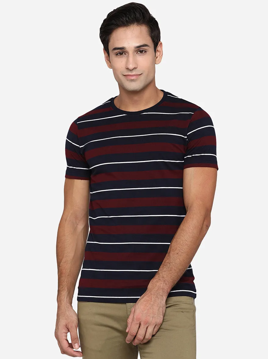 Wine & Blue Striped Slim Fit T-Shirt | Greenfibre