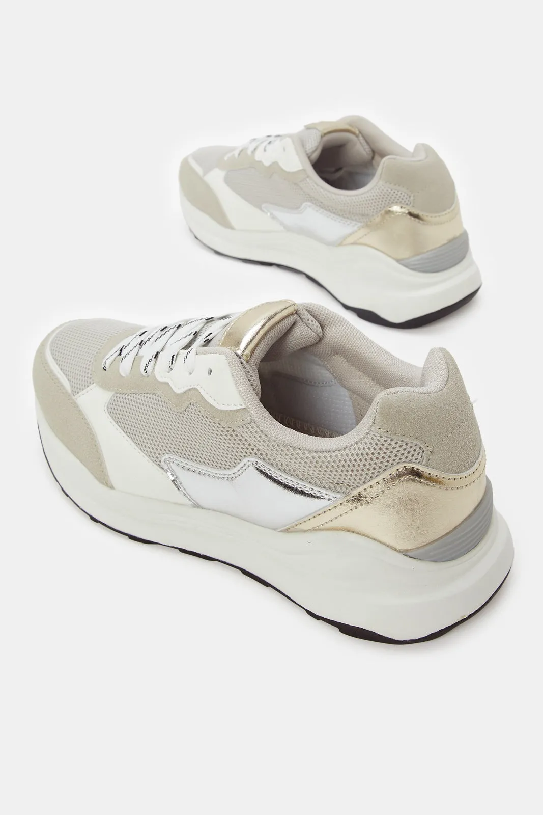 Women Beige Textured Fabric Combination Sneakers